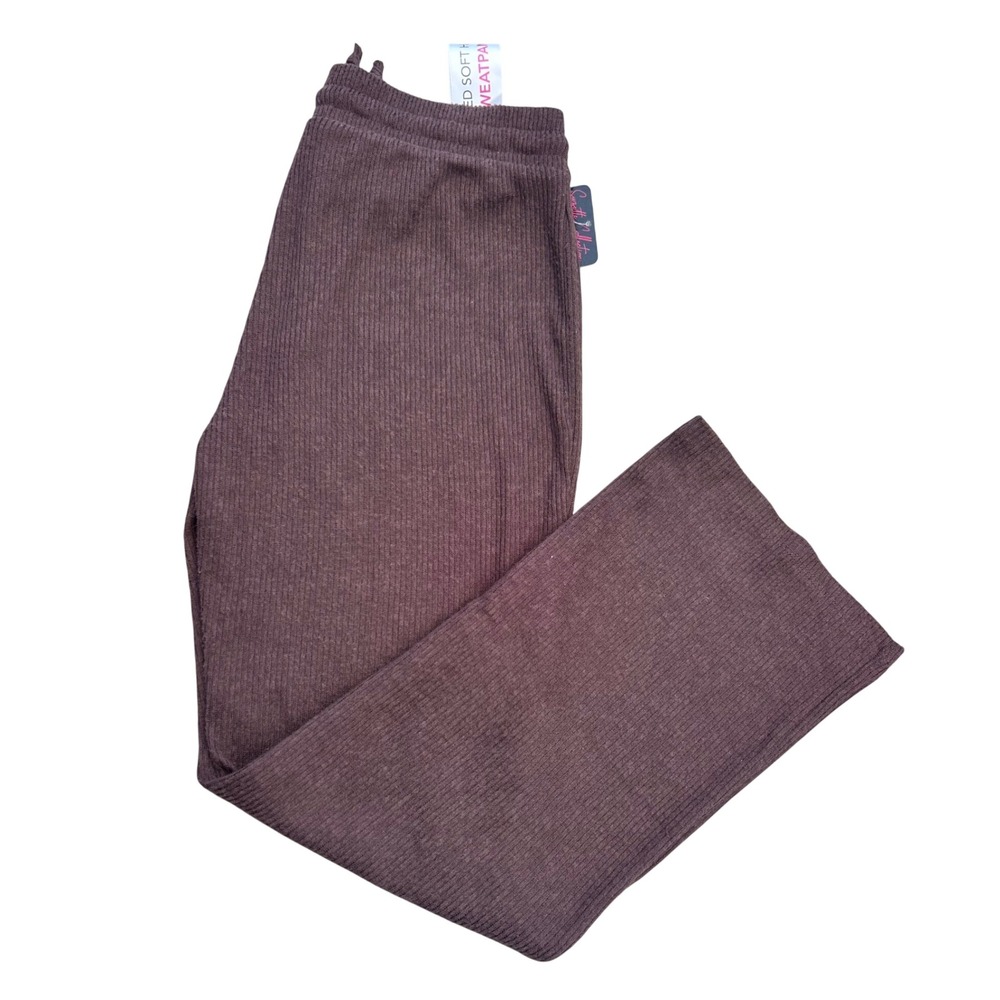Suzette Collection Brown Ribbed Soft Hacci Wide Leg Sweatpants Drawstring Large